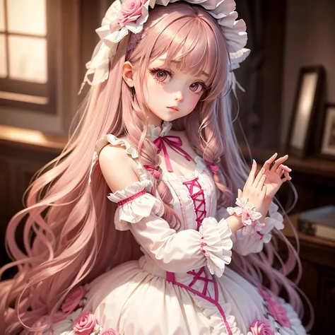 （Loose and fluffy long hair，）（a beauty girl，）（with frills，）（lolita fashion，）（Delicat eyes，）（Delicate hand，）（delicate finger，）（Pink rose flowers，）（Best Quality，）（top-quality，）