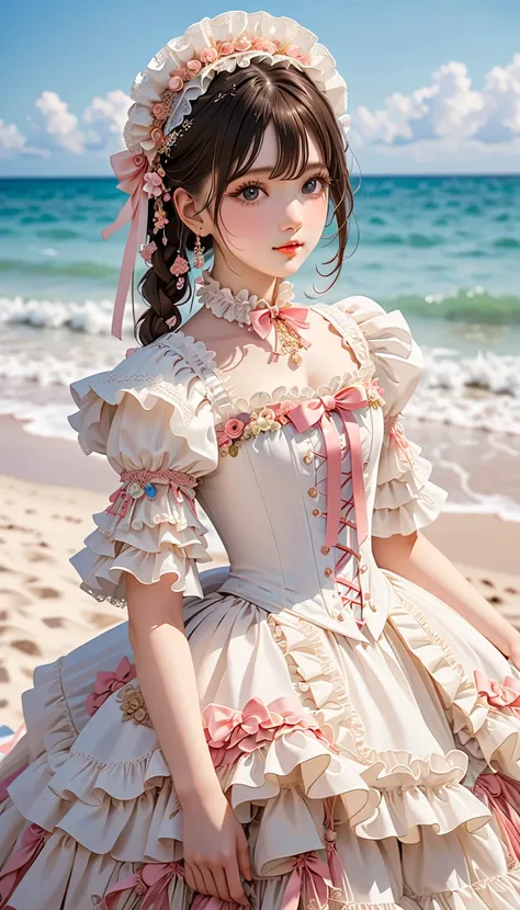 Top quality, super No, reality, beautiful female photos, delicate face, black messy fishtail braids, (delicate porcelain doll, elaborate clothes with lots of frills and ribbons), beach, (facial close-up), attractive appearance, full body photo, looking at ...