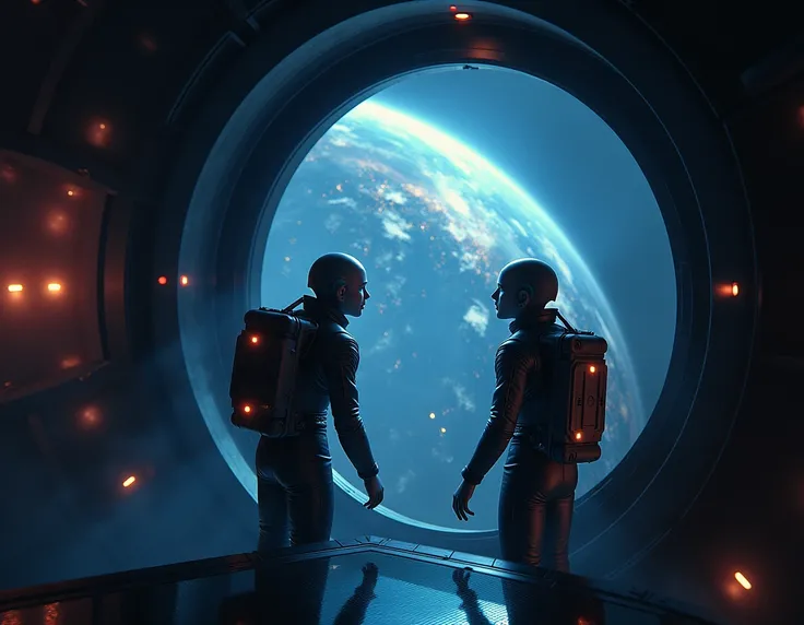 Modern style. A fantastic scene with a black background and neon flashes, in which astronauts in space uniforms without a spacesuit look at the earth from space through a large porthole. the atmosphere is deep and mysterious.