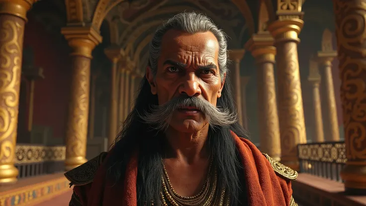 cinematic movie scene and realistic, from Ramayana. Raawan face of old angry man standing inside his Lanka Mahal.  big moustache, angry, depressed ,so realistic