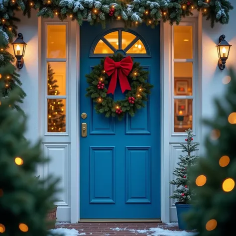 Real shot style, a blue door with a Christmas wreath decorated with a red bow hanging on it. The door is decorated with white side windows on both sides, and some warm yellow lights are dotted on the side windows, adding to the festive atmosphere. There ar...