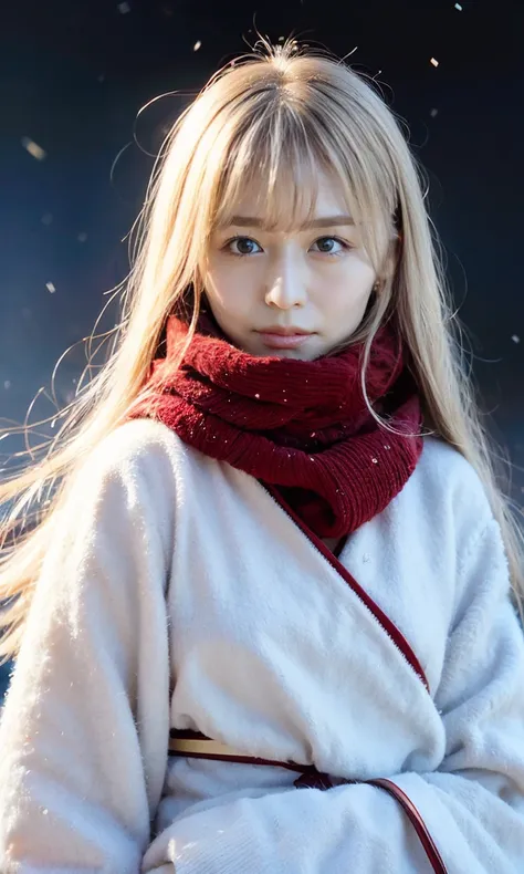 (   staring at something、Diamond dust flutters、クリーム色のhair、Heavy snowfall area、Snow is falling、 blue eyes、 blue eyes、white winter clothes 、Admire the night sky in a frigid region、Im wearing a fluffy red scarf、Her breath is white expression 、A woman looking ...