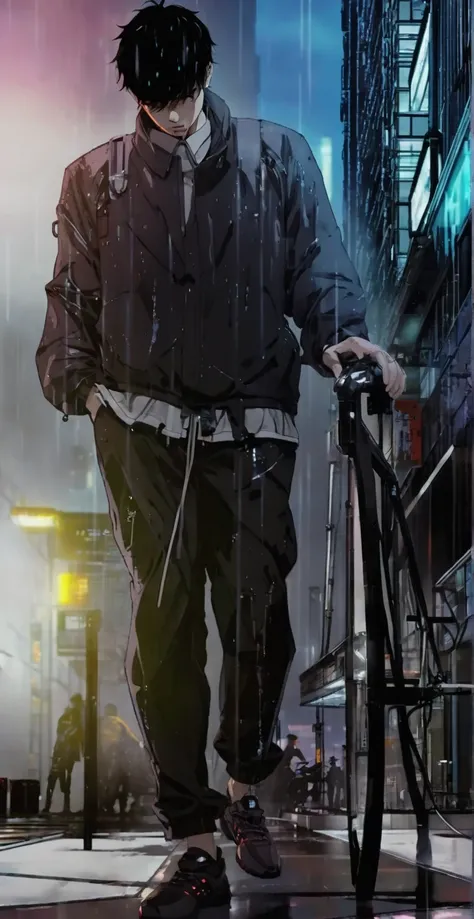 anime man standing in the rain in a city at night, dark place, creepy vibe, glowing eyes, cyberpunk anime art, digital cyberpunk anime art, modern cyberpunk anime, cyberpunk hiroshima, in neo tokyo, badass anime 8 k, digital cyberpunk - anime art, akira an...