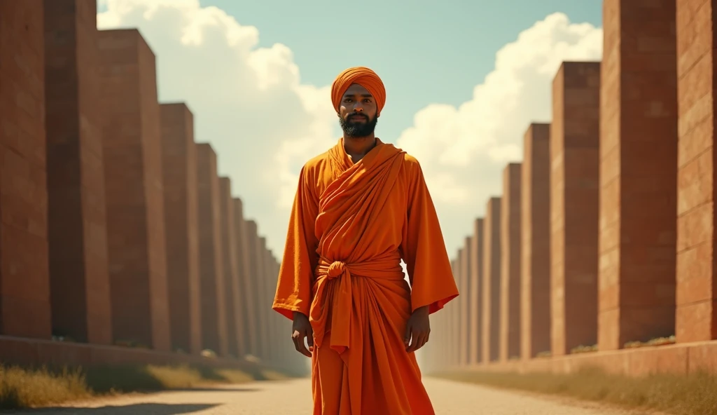 Swami Vivekananda standing confidently on a narrow road, surrounded by tall, majestic walls on both sides. He is wearing his iconic orange robe and turban, with a serene and determined expression. The background shows a cloudy sky and a subtle, spiritual a...