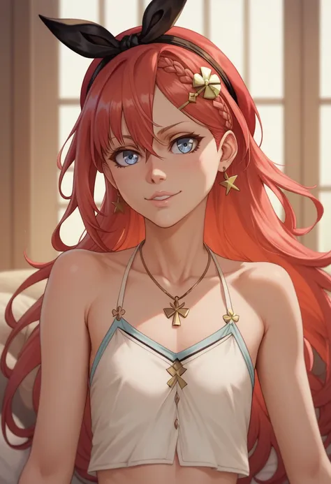 Reisalin Stout (Atelier Ryza) with very long red hair and large blue eyes. Loli skinny flat chest. Casual outift. (Bleach art style)