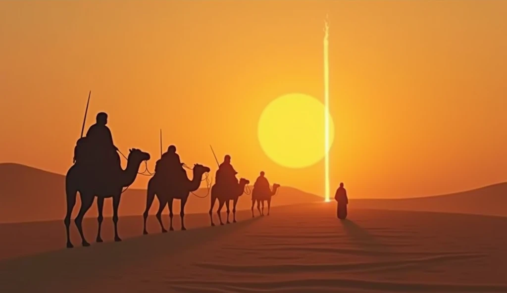 "A serene desert sunset with the silhouette of the merchant and his camels walking in the distance. The scene reflects the idea of breaking free from imaginary tethers, with a symbolic glowing stake fading into the sand."  