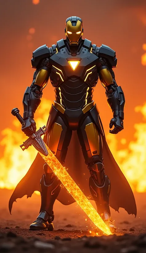 In a cinematic full-body shot, a regal, masked Marvel Iron Man, a majestic, muscular warrior, wears a matte black and yellow core-style armored ninja robot, a strongman. Against the flaming backdrop of a red battlefield, where a translucent universe made o...