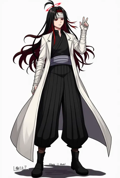  male,Jackets, Long hair, Black hair, I&#39;m coloring it., Red hair, Hair tie, symbolic eyes , Frowning, 
canine,Blindfold, Wide angle view, Silhouette,White pleated fabric , Right sleeve bandages , Black boots , Black pleated pants , Gray waistband , Bla...