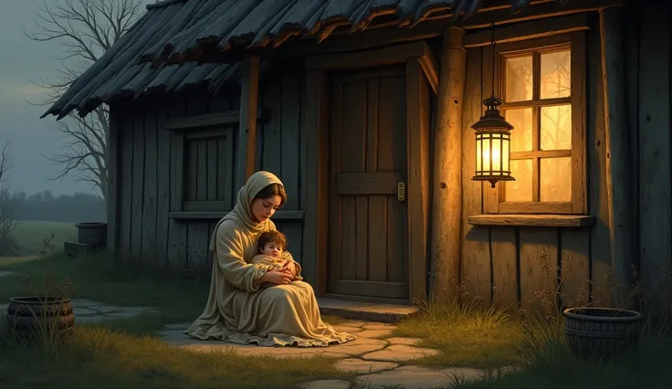 "A small, rustic house with the glow of a lantern flickering in the window, as the mother wraps her baby in cloth."