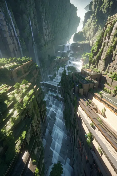 Masterpiece, best quality, (extremely detailed CG unity 8k wallpapers), (best quality), (best illustrations), (best shadows), land suspended in the air with vines on the base , with tropical rainforest on both sides, with waterfalls falling from above, iso...