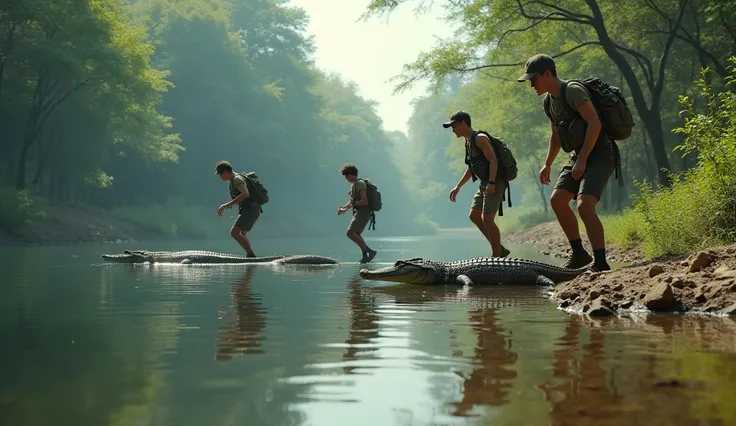 A group of young men walking along the riverbank, scanning the water for any sign of the crocodile. The river is calm, surrounded by trees and greenery.