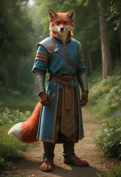 score_9, score_8_up, score_7_up, full body, male, furry, red fox, smirk, stands, front view, medieval fantasy, nature, highly detailed, high contrast, detailed background