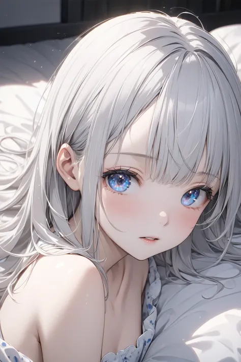    solo focus、  semi-realistic  、  Masterpiece  、perfection, 4K,  1 Woman 、  immature body,      Sparkling Eyes、 snow-white skin 、  small boobs ,  flat chested、  Sleepy appearance when you wake up    ,     Straight hair style  ,   long silver hair  ,  bang...