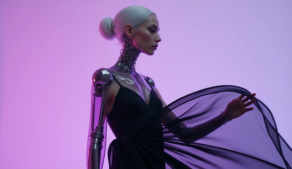 Photo of a girl robot from the mid 20s, bra-less, made of glass and white and purple translucent plastic. Makeup and white long hair. The internal mechanism of the machine is made of silver metal. Dynamic gesture. Smooth organic design. depth of field f/2....