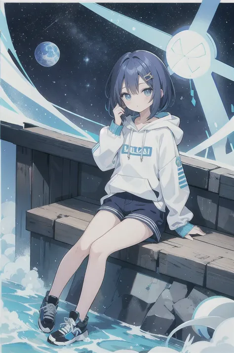 Dark blue bob hair、blue knee-length shorts with side tail on left side 、Light blue eyes、Round eyes、Baby Face、rhombus hairpin、 light blue hoodie looking out at the starry sky、The hoodie string is a bow 、 blue knee-length shorts、Light blue sneakers、Short soc...