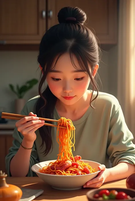 Create an image of a korean woman eating a spicy octopus with spicy noodles on a table in a kitchen,  the woman with pony tail and wearing a shirt eating the delicious spicy octopus with spicy ramen. 