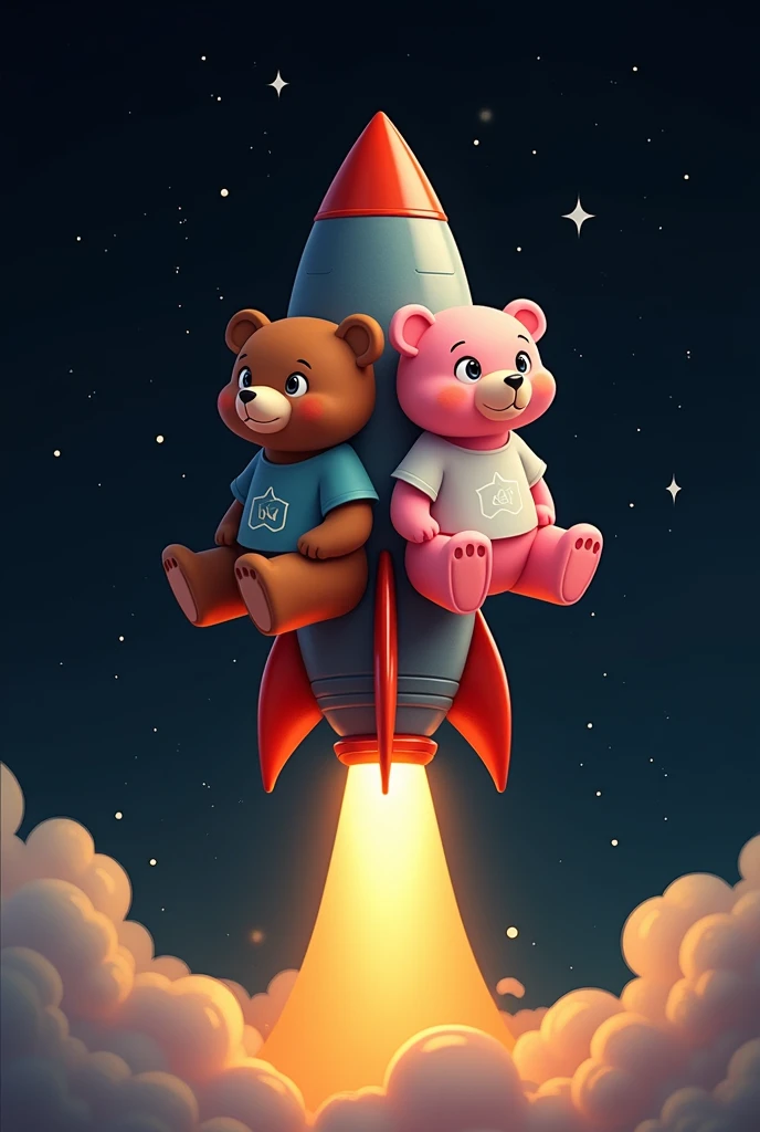  two adult bears ， sitting on a rocket，a brown male ， a pink male， wearing a shirt ， sitting on a rocket， flying into space ， black background