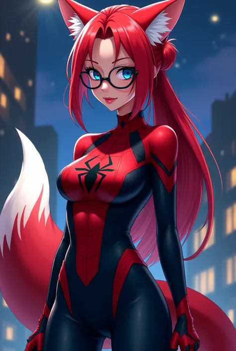   with long red hair and straight hair with white highlights,and blue eyes,at 20 years old, ray powers with a scar on her eye ,half fox,With ears and fox whale ,with glasses, wearing a black and red Spider-Man outfit , anime style , with a physique not so ...