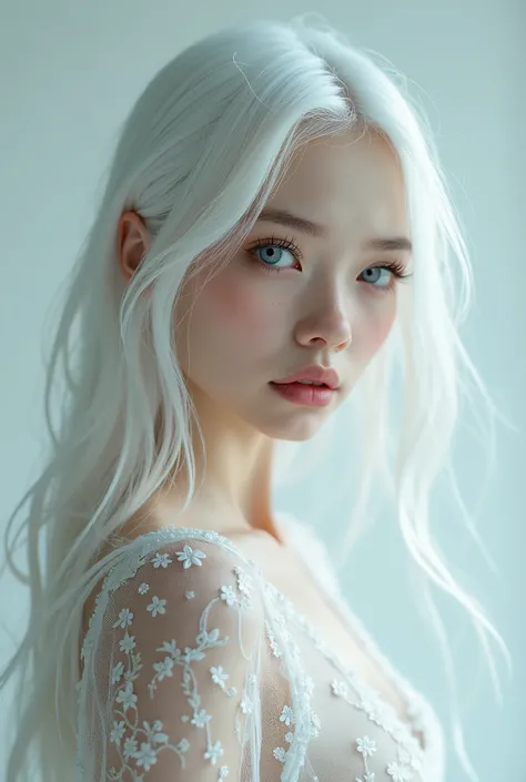 8k, full-body shot of beautiful white-haired 18 year old girl, (intricate, sheer, transparent, translucent,(no clothes:1.2)), intricate, beautifull face, elegant, highly detailed, digital hyperrealistic photography, hyperrealistic photography filigree, shy...