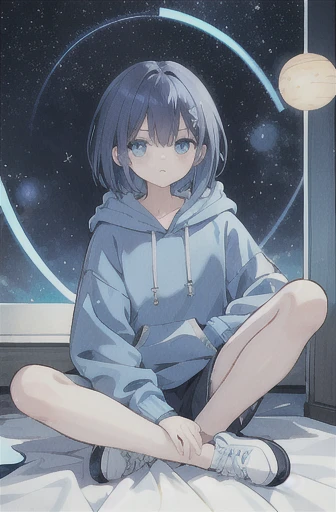 Dark blue bob hair、Side tail on left side、Light blue eyes、Round eyes、Baby Face、rhombus hairpin、 light blue hoodie looking out at the starry sky、The hoodie string is a bow 、 blue knee-length shorts、Light blue sneakers、Short socks、Neutral、 one boy、In space、S...