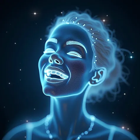 Create a holographic image of a womans face in the form of a glowing outline with the emotion of joy and happiness against the background of outer space