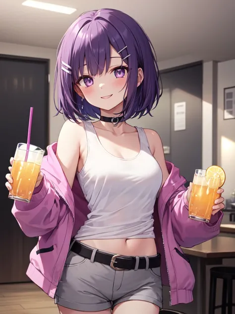  1 girl, solo, Purple Hair,  bob hair, Beautiful breasts, medium chest , white tank top,Grey shorts, black choker ,Black belt,Pink jacket, hair clip,Slanted Eyes, Light purple eyes, smiles,happiness/joy,  Seductive Smile , teardrop , high definition ,  sim...