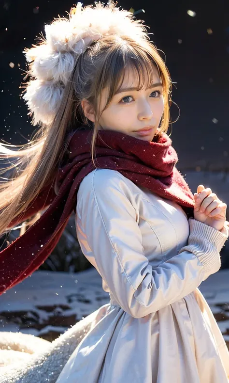 (   staring at something、Diamond dust flutters、クリーム色のhair、Heavy snowfall area、Snow is falling、 blue eyes、 blue eyes、white winter clothes 、Admire the night sky in a frigid region、Im wearing a fluffy red scarf、Her breath is white expression 、A woman looking ...