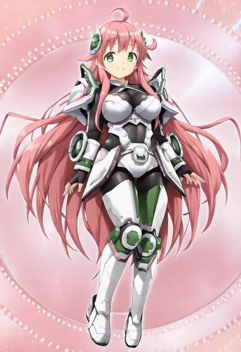 ((3d CG,1 girl, ahoge,very long hair,pink hair,hair ornament,sidelocks,bangs,green eyes,Kentaro Yabuki style ,tareme ,portrait,full body,)),((large breasts, )) ,Armor full of machines
, space background ,,fullbody 
