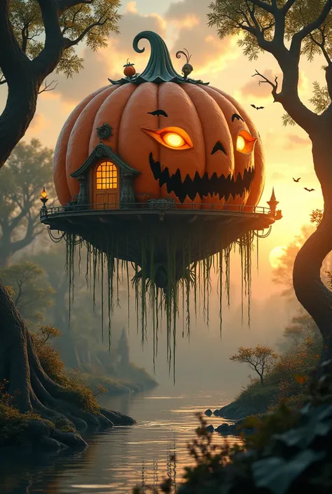 A whimsical pumpkin house on stilts above a swamp at sunset, detailed, magical realism, illustration, 8k resolution, artstation