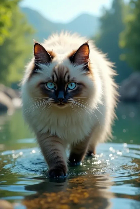 A very large ragdoll cat ,  walks down a shallow river in search of fish. Potography , reality, HD quality