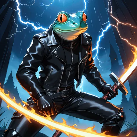 Closeup, Studio Ghibli Cartoon, An extremely badass light blue and white bullfrog wearing an insanely cool black leather biker jacket open with zipper details, black shirt, black leather biker gloves, black leather biker pants, giving it a cool, edgy appea...