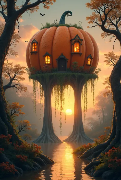 A whimsical pumpkin house on stilts above a swamp at sunset, detailed, magical realism, illustration, 8k resolution, artstation