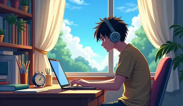 An anime-style illustration of a cozy study setup featuring a student immersed in studying. The character, a young adult with headphones, sits at a wooden study table with a sleek laptop open, a water bottle nearby, and a small timer ticking away. The sett...