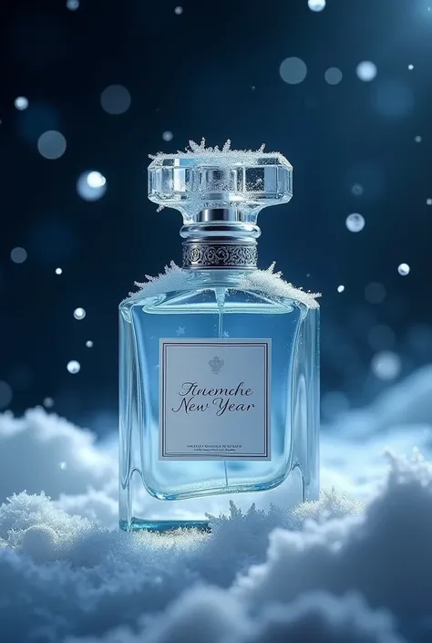 Create a perfume matte bottle design inspired by winter magic and New Year’s charm. The cap should resemble a frozen branch or a crystal element, enhancing the feeling of winter enchantments  silver accents. Add delicate stars to create the effect of a nig...