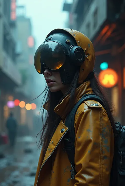 cinematic cyborgpunk style visuals a little of a beautiful cyborgpunk woman wearing a fashionable jacket squatting cyborg punk looking for used goods in a rusty damaged cyborg junkyard looks sophisticated flying vehicle robotic alien jakarta cyborgpunk wit...