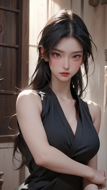 realistic, 1girl, high quality fingers, normal hands, detailed fingers, masterpiece, (realistic, foto-Realistic: 1.37), realistic, 1girl, long hair:1.5, black hair:1.2, red eyes:1.5, bright eyes, mortal kombat, Erotic ninja, blood, scar, weapons, sleeveles...