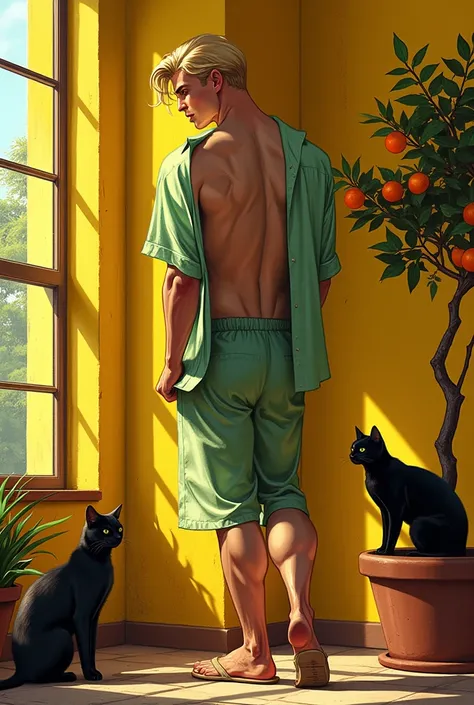  comic+carton+realism, (( a young man fitness handsome light green open shirt, pantless, wearing small beige thong erected penis flip flop sandals, toned body, sexy lusty seductive gaze blond gorgeous young man, small mouth, roman nose, small eyes, hard je...