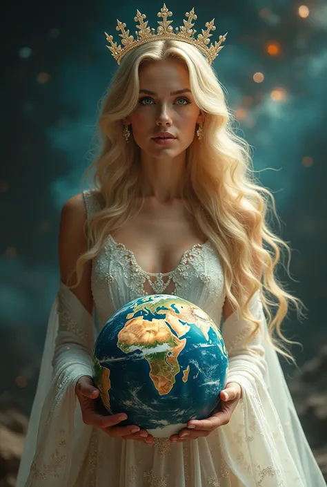 A rich model and an absolutely stunning grand queen blonde girl powerfull goddess with make up . She wearing an expensive clothing and holds earth while she is in space