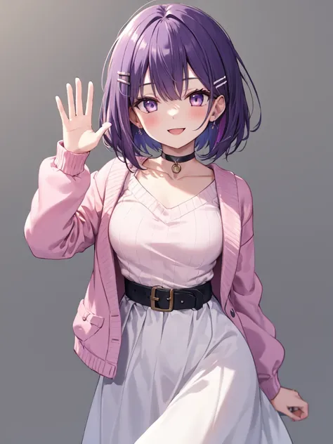  1 girl, solo, Purple Hair,  bob hair, Beautiful breasts, medium chest , pink sweater,White Skirt, Long Skirt , black choker ,Black belt,Pink jacket, hair clip,Slanted Eyes, Light purple eyes, smiles,happiness/joy,  Seductive Smile , standing,Waving, high ...