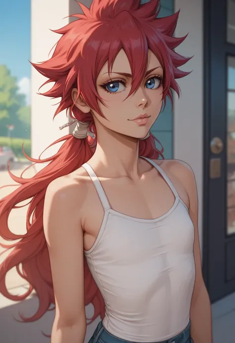 Reisalin Stout (Bleach) with long red hair and large blue eyes. Loli flat chest. Casual outift.