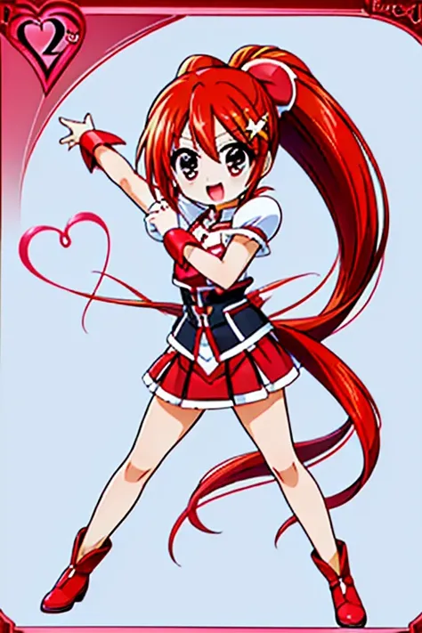 (((Pretty Cure · Red Cloth Costume · Yagami Hayate · Cool Poses · Skirt · Anime · Smiles · Heart Hair Ornaments · Red Hair · Ponytail)))