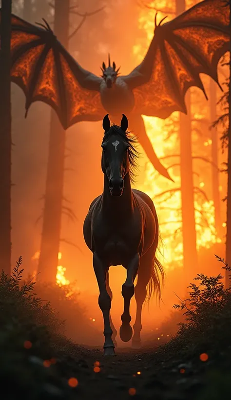  A sleek black horse gallops through a forest lit by wildfire as a dragon circles above, its scales reflecting the inferno below