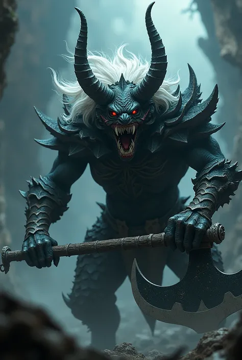 A kingShark with a Demonic Mask with two crystal horns in the top of the mask he have a white hair and one Piece of hair is coming out of the mask and he have a Giant pickaxe