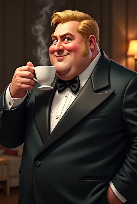 Picture of a fat man, handsome, blue eyes, golden hair, wearing a black suit, holding a cup of coffee, his face looking warm