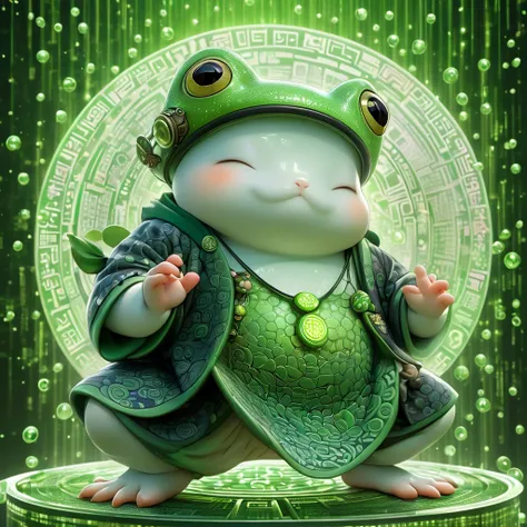 toad, Gamabunta, Gamakichi, Fukasaku, pepe, A detailed depiction of the shiki fuujin seal in a digital matrix environment, with green binary code streaming in the background. The seal is rendered in intricate patterns, glowing softly. Light reflects off th...