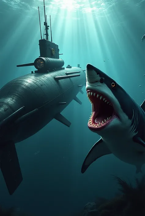 An intense underwater standoff between a menacing shark and a heavily armed submarine, both radiating aggression. The shark, with its jaws wide open, sharp teeth glinting, and eyes glowing with fury, swims directly towards the submarine. The submarine, wit...