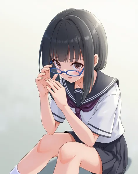  she is staring at this direction with her glasses 。With straight black hair、 one eye is hidden by her bangs 。Dressed in uniform、She is in a position with her knees crossed 。Also、 she is making a gesture like gently touching the glasses with her hands。