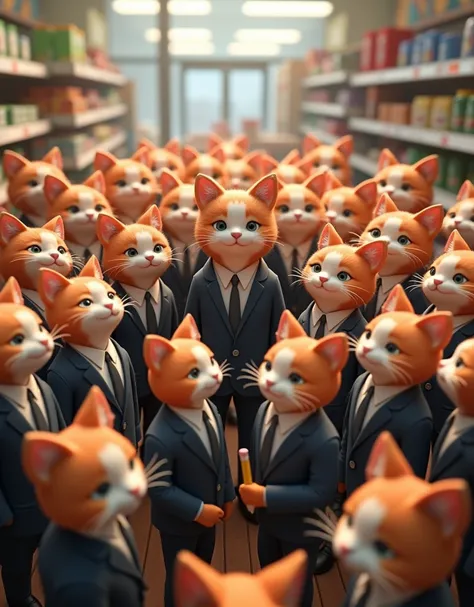 " High quality 3D rendering of a crowd of anthropomorphic cats wearing formal clothes.  standing huddled over a supermarket cashier .  wrong A cat carrying a pencil . the background is on a supermarket cashier .  Lighting like sunny and cool weather . 3d a...