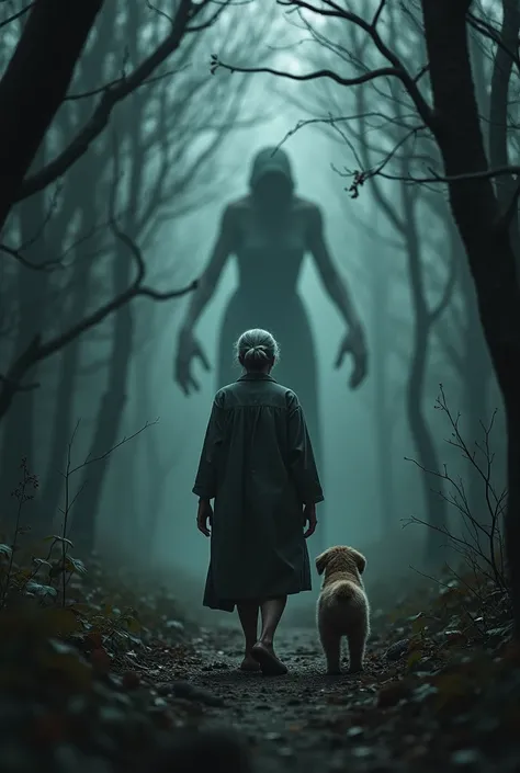 A 62-year-old lady walks away towards a devil in a dark forest with a puppy by her side 