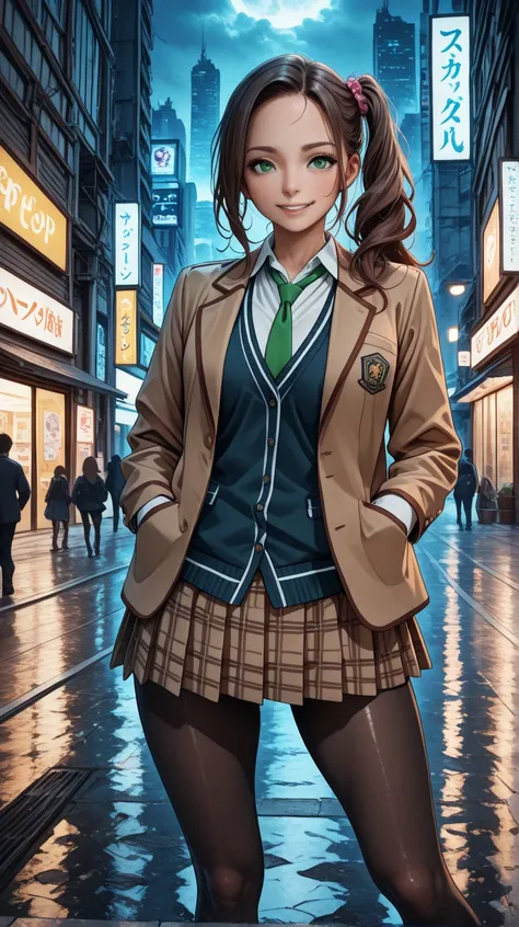 masterpiece, best quality, very aesthetic, realistic detailed CG, Sharp Focus, high contrast, 1girl, detailed green eyes, smile, semi-long hair, dark brown silky hair, forehead, sliced back hair, side ponytail, contrapposto, Captivating thighs, uniform, br...